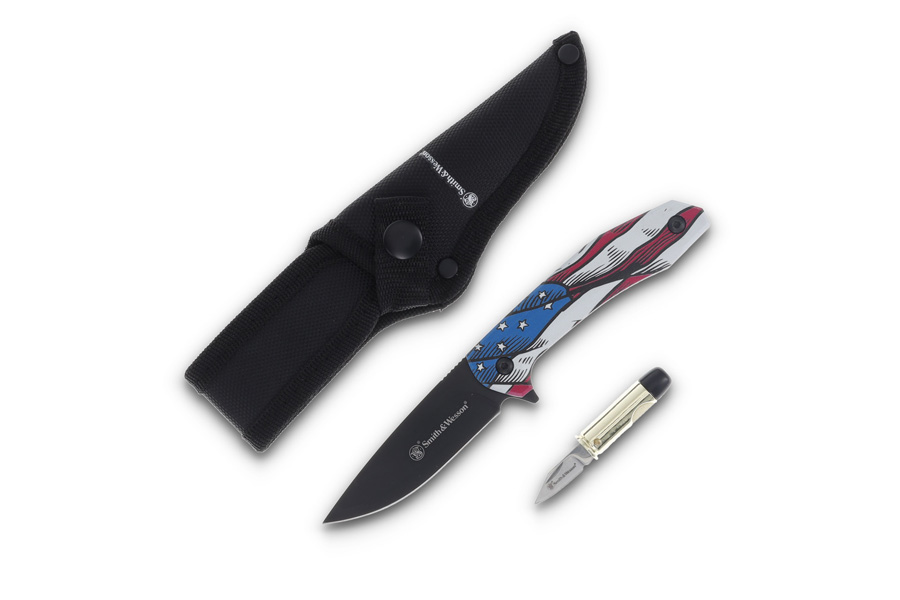 BTI LLC S&W America's Heroes Flag Knife with Bullet Knife in Gift Tin